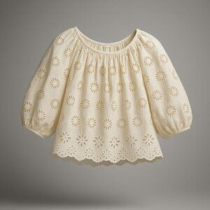 Madewell Embroidered Shirred Puff-Sleeve Top Women's Small Ivory Floral Eyelet